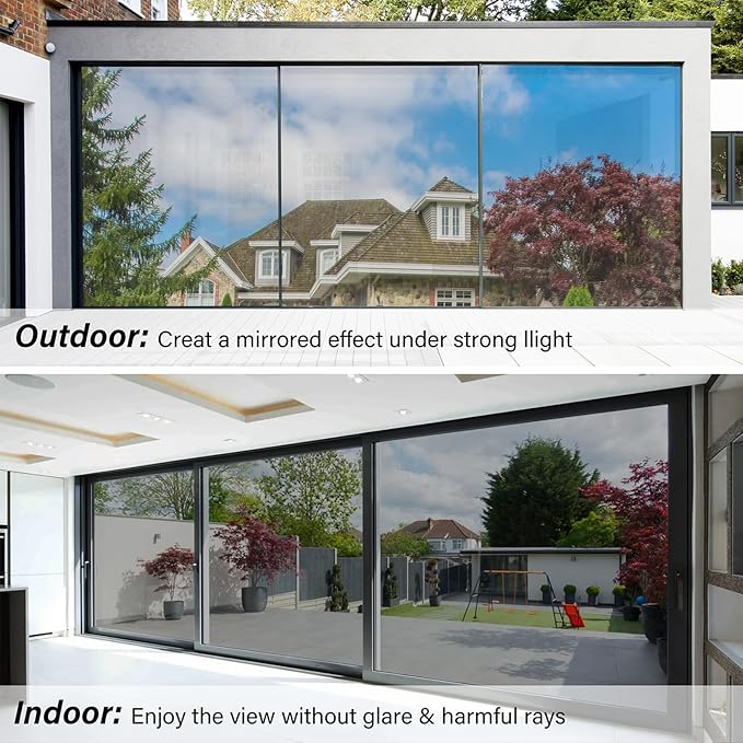 Kromapolis One Way Window Privacy Film Reflective Mirror Home Window Tint, Daytime Privacy Heat Control Anti UV Glass Tinting Static Cling (Silver, 35.4 x 118.1 inch)