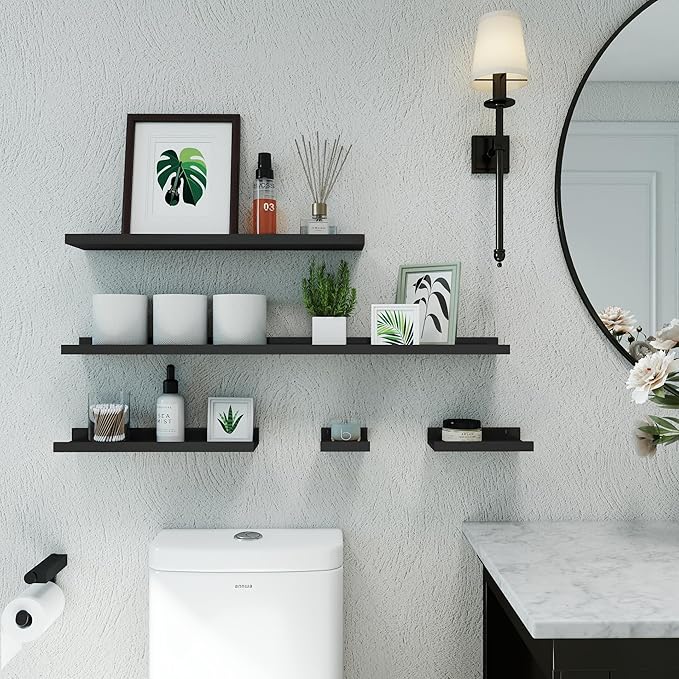 Small Black Floating Shelves for Wall Decor, Wall Mounted Wood Shelf for Bedroom, Living Room, Bathroom, Kitchen, Nursery, Display Ledge Shelf with Lip Set of 2-8 Inches, Black