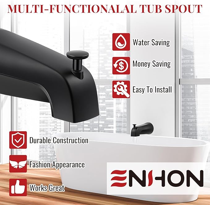 Enhon Slip on Tub Spout with Diverter, Compatible with American Standard 8888026.002 Tub Spout, Bathroom Bathtub Faucet, Fits 1/2 Copper Water Tube(5/8 Dia), 5/32 Hex Wrench(Matte Black,1)