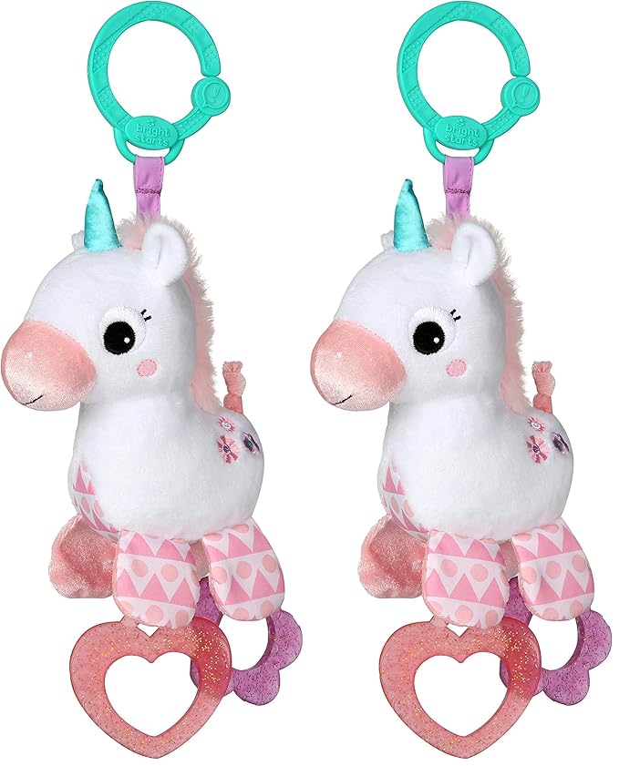Bright Starts Unicorn Sparkle & Shine Plush Take-Along Stroller or Carrier Toy, Ages 0 Month+, Pink (Pack of 2)