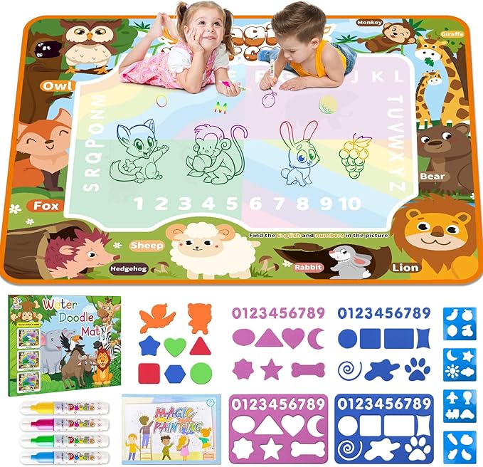 Water Doodle Mat Kids Mess Free Coloring for Toddlers 3 4 5 6 7 8 9 Years, 19 Pack Educational Toys, Doodle Mat with Magic Water Pens Boys Girls Christmas Birthday Holiday Present