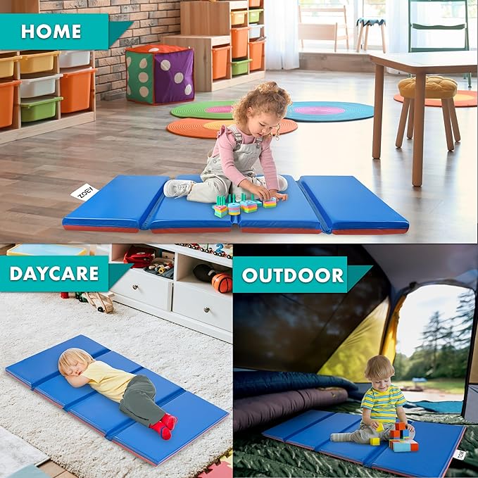 ProSource Four-Fold Kids Rest Mat, 2-inch Thick Sleeping Mats for Kids, Foam Foldable Cushion for Child Comfort, 48-in - Blue/Red