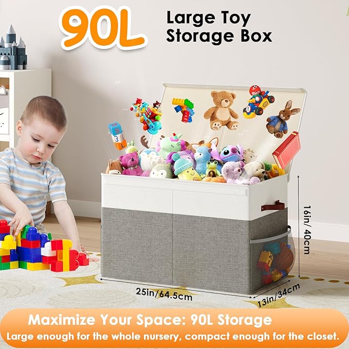 Fineonly Large Toy Storage Box with Lid Upgraded Toy Storage Chest Organizer with Divider Foldable Toy Bin for Kids Boys Girls Playroom Nursery Bedroom (25"x13"x16")