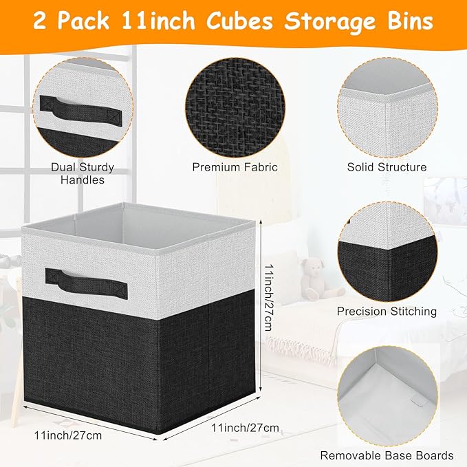 Fiwochic 3 Pack 23" Large Toy Storage Box with 11" Cubes Bins, Collapsible Toy Organizer Chest with Lids for Kids Nursery Playroom Bedroom Living Room Christmas Ornament Storage Box(Black White)