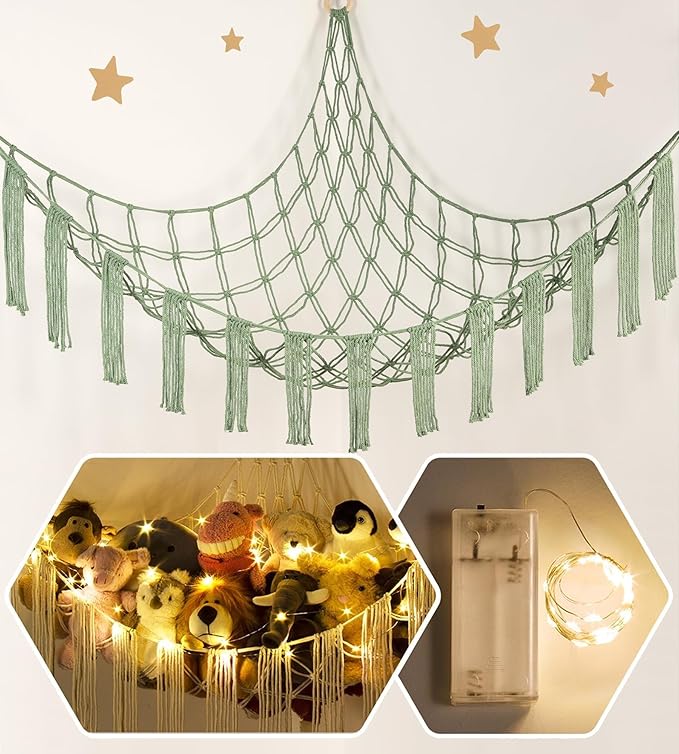 Stuffed Animal Hammock Corner Storage with LED Light - Plush Hammock Large Plushie Net - Stuffed Animal Holder Hanging Organizer - Teddy Bear Hammocks Room Decorations