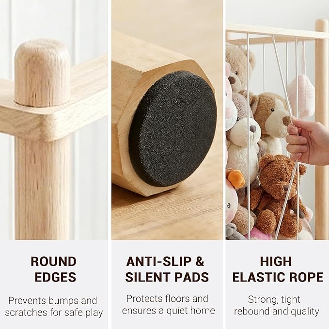 KiddoCood Kids CPC & TIC Certified Stuffed Animal Storage - 3-Tier Large Natural Solid Wood Plush Toy Organizer & Holder, Corner Solution for Playroom & Nursery, BPA-Free & Zero Glue