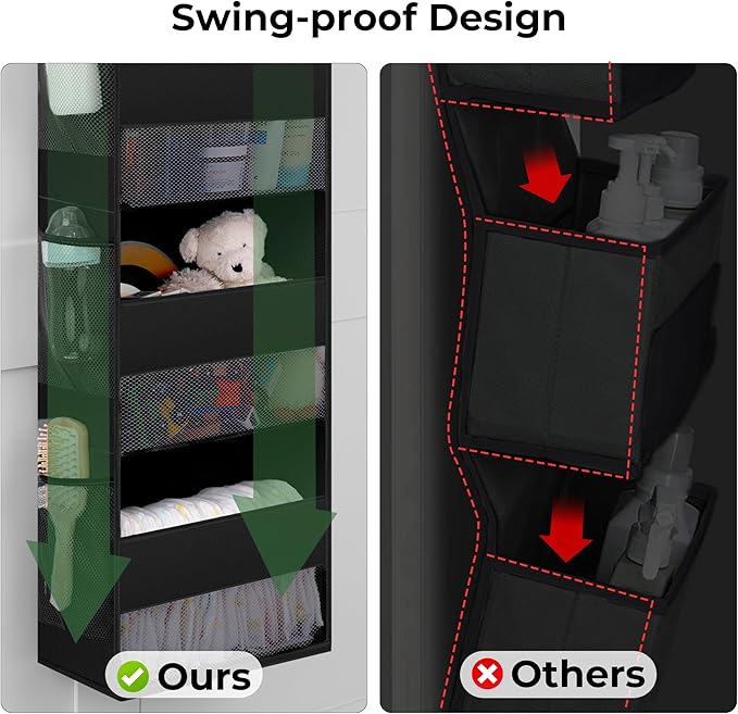 GRANNY SAYS Over The Door Organizer, 4-Shelf Waterproof Behind Door Storage with 6 Pockets and Clear Window, Anti Tilt 35lb Large Capacity Hanging Organizer for Baby Diapers, Toys Storage, Black