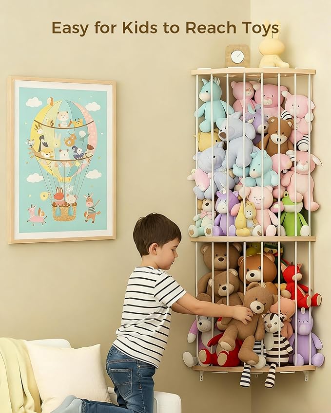 Feagar Three Tier Stuffed Animal Storage Wood Corner Plush Toys Holder, Adjustable Hanging Stuffed Animal Organizer Shelf for Nursery Playroom Bedroom