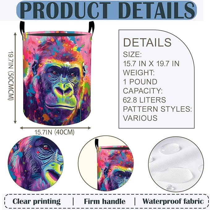 Gorilla Laundry Basket Hamper 19.7"x15.8", Colorful Foldable Waterproof Oxford Clothes Storage Bucket for Room Bathroom Bedroom Nursery Decor, Toy Organizer Bins Gifts for Kids Boys Girls