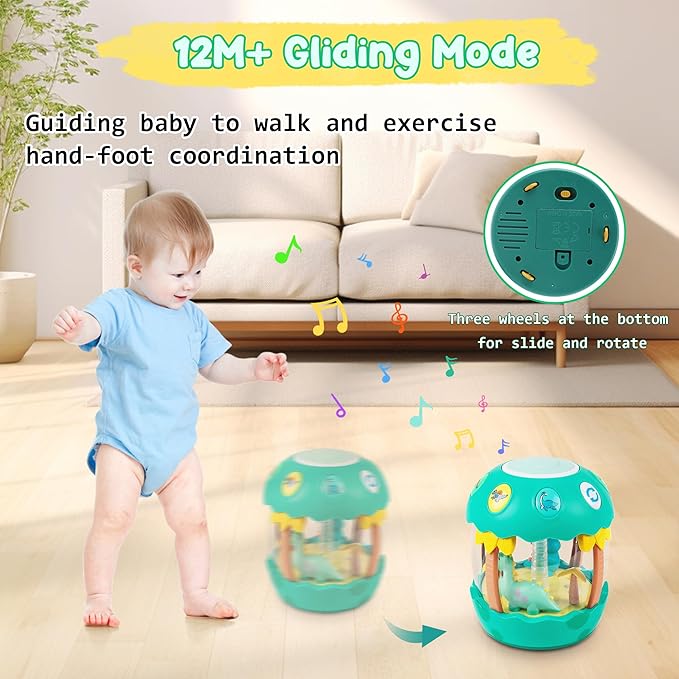 M SANMERSEN Baby Boy Toys 6-12 Months, Dinosaur Rotating Light Up Musical Baby Toys for 0-6 12-18 Months Newborn Infant Crawling Tummy Time Toys, Birthday Xmas Valentines Day Baby Boy Gifts - Green
