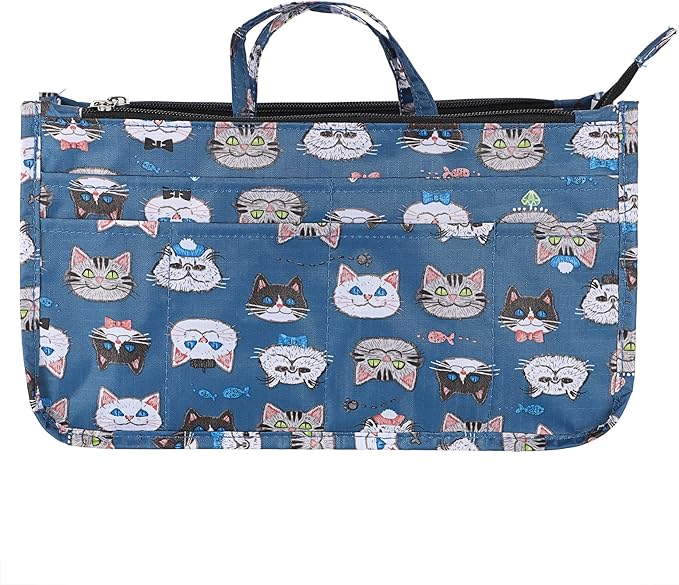 BTSKY Printing Handbag Organizers Inside Purse Insert - High Capacity 13 Pockets Bag Tote Organizer with Handle Cat