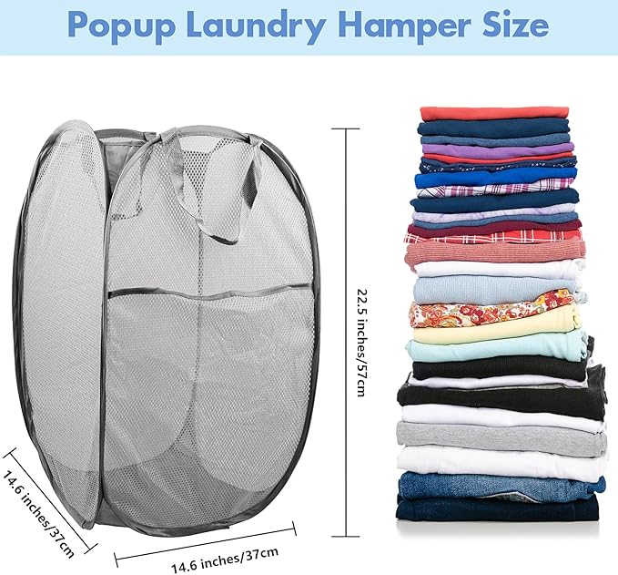 DUCOO Pop Up Laundry Hamper, 70L Collapsible Mesh Laundry Basket with Side Pocket, Foldable Dirty Clothes Hamper with Sturdy Reinforced Handles for Home Dorm Bedroom Travel Storage, Gray, 2Pack
