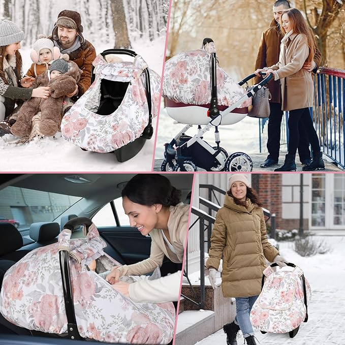Car Seat Cover Baby, HNHUAMING Infant Car Seat Covers Canopy for Baby Girl Boy, Cozy & Windproof Newborn Carseat Covers Mink Dot Backing Stroller Cover with Breathable Mesh Window, Pink Floral