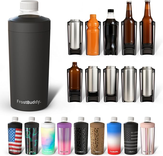 Universal Buddy XL Can Cooler by Frost Buddy - Fits 12-ounce, 16-ounce, 20-ounce, and 24-ounce Cans and Bottles - Keep Your Drinks Refreshingly Chilled for over 12 hours. (Black)