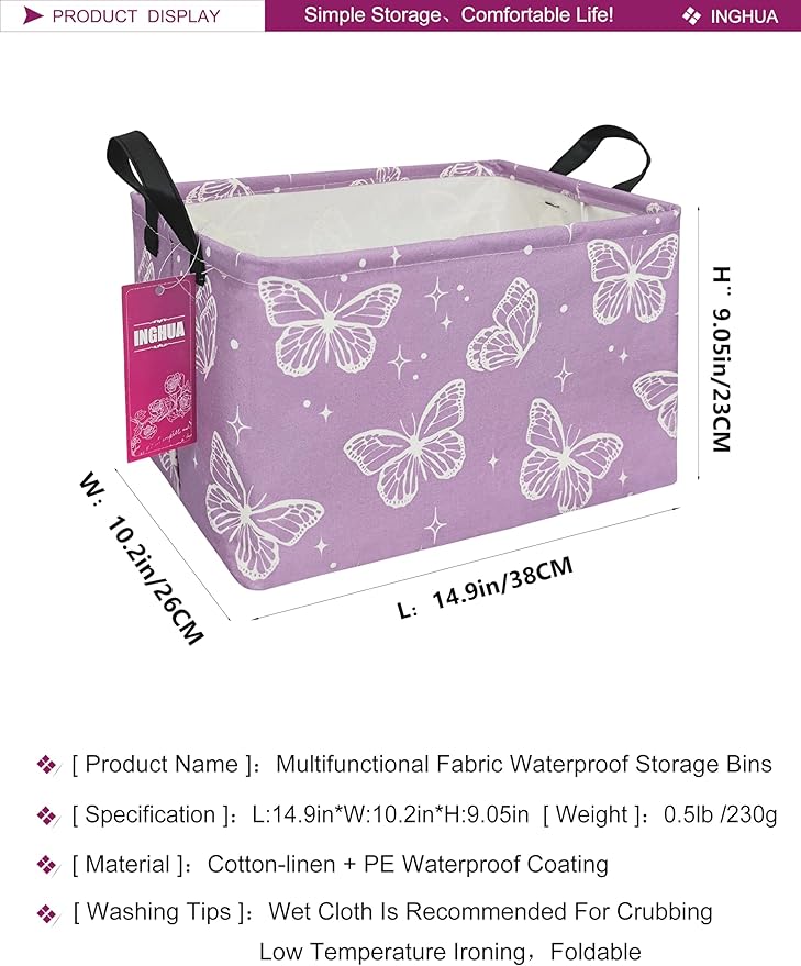 INGHUA Rectangular Storage Basket Fabric Organizer Bin for Toys,Books,Clothes,Gifts,Pets-Perfect for Home,Office,Nursery,Dorm,Shelf(Rec-butterfly )