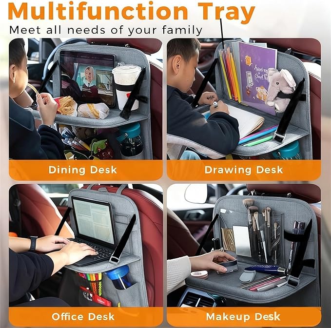 Haoxiang A-P Backseat Car Organizer with Tray, 9 Storage Pockets Back Seat Protector with Foldable Tablet Holder, Waterproof Back of Seat Kick Mats for Kids Adult, Travel Accessories 2 Pack, Gray