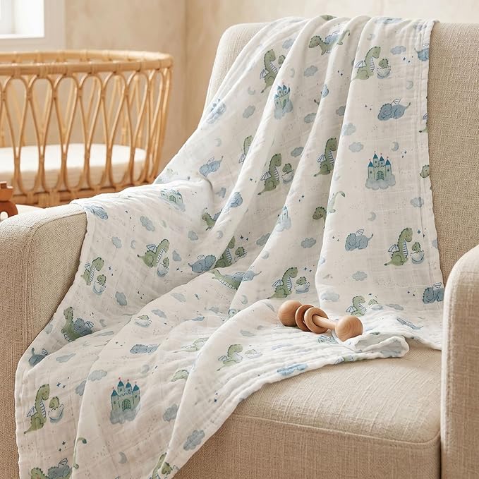 4-Pack Muslin Swaddle Blankets for Newborns | 100% Cotton Breathable Soft, Large 31.5"x43.3" | Multi-Use Stroller Sunshade Nursing Cover & Receiving Blanket, Blue Dinosaur
