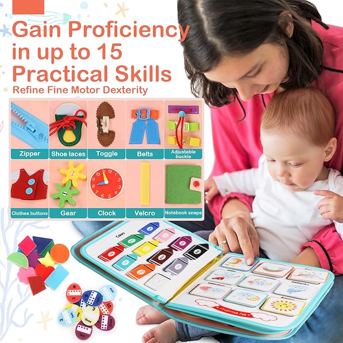 Teefrye Toddler Busy Board Montessori Toys for Toddlers 1-3 Year Old Educational Activity Book Board Sensory Travel Toys Ages 3-5 Preschool Learning Fine Motor Skills Toy Quiet Book Gift for Kids