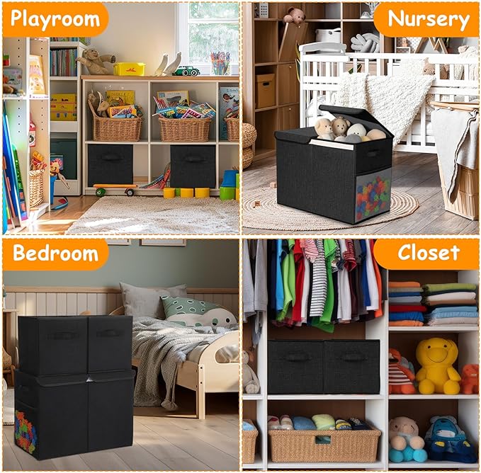 Fiwochic 3 Pack 23" Large Toy Storage Box with 11" Cubes Bins, Collapsible Toy Organizer Chest with Lids for Kids Nursery Playroom Bedroom Living Room Christmas Ornament Storage Box(Black)
