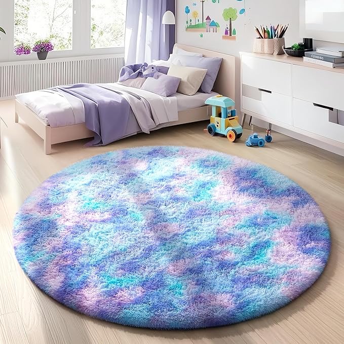 Ophanie Area Rugs for Bedroom Living Room,Color Rainbow Purple,Size 4',Shape Round
