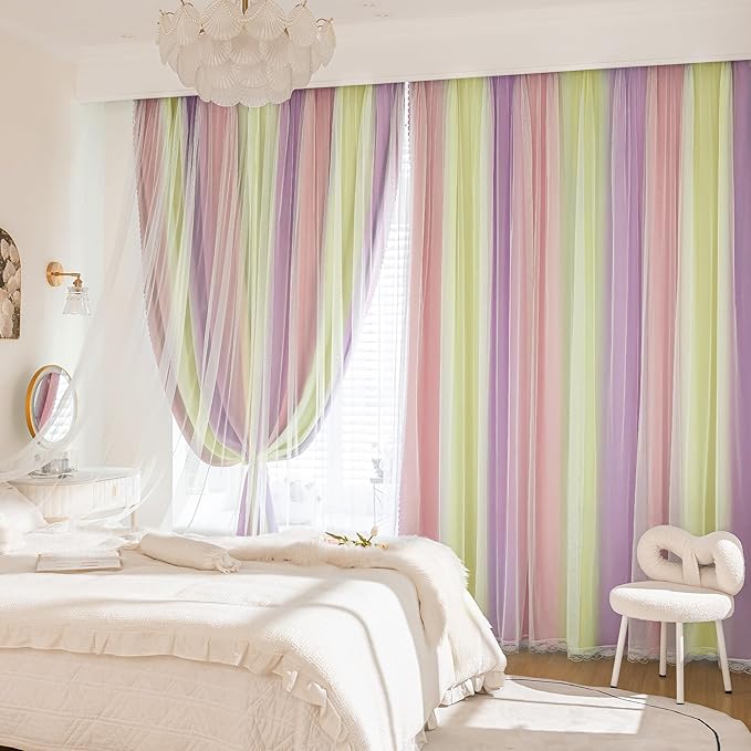 XiDi Girls Blackout Curtains for Bedroom 96 Inch Length 2 Panels Pink Yellow Purple Rainbow Blackout Curtains with Sheer Overlay for Little Girl Kids Room Decor Living Room Grommet Drapes 52W x 96L