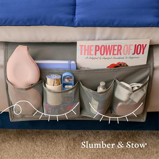 Slumber & Stow Hanging Bedside Caddy - 5 Pocket Bed Caddy Organizer for Tablets, Magazines, Phone, Glasses, Remotes & More - Ideal Storage For Dorm, Bedroom & Living Areas - 10"x17.3"