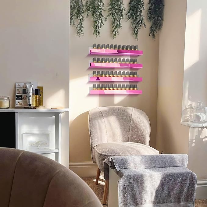 RORKIM 4 Pack 15 Inch Pink Reflective Acrylic Shelves, Pink Floating Shelves, Modern Sunglasses Essential Oil Picture Ledge Display Toy Storage Shelf
