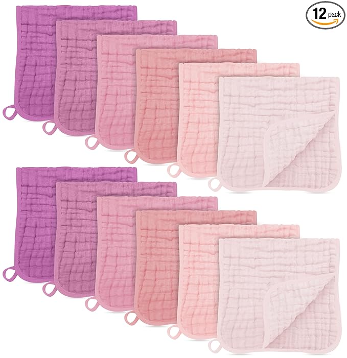 SWEET DOLPHIN 12 Pack Muslin Burp Cloths Large 100% Cotton Burping Clothes for Baby Drool - Absorbent and Soft Boys & Girls Milk Spit Up Rags for Newborn Essentials Registry - Hibiscus Sunset