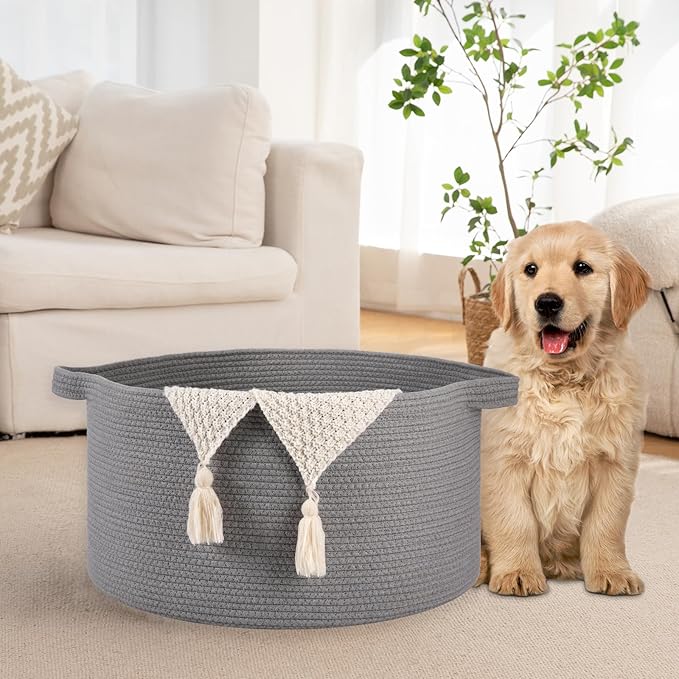 OIAHOMY 90L Blanket Basket for Living Room, Large Basket 23" x 23" x 13" with Handle, Laundry Hamper for Blankets, Pillows, Toy Storage for Kids, Dogs - Light Grey