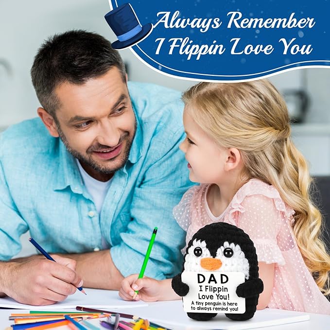 CryCarrot Fathers Day Dad Gifts from Daughter Son Birthday, Handmade Crochet Penguin Dad Birthday Gifts, Mini Funny I Love You Gift for Dads Bonus Step Father Mens Father's Day Christmas Cute Decor