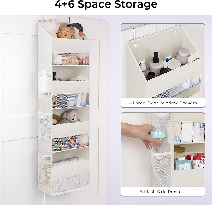 GRANNY SAYS Over The Door Organizer, 4-Shelf Behind The Door Storage with 6 Pockets and Clear Window, Waterproof Anti Tilt 35lb Large Capacity Hanging Organizer for Baby Diapers, Toys, Beige