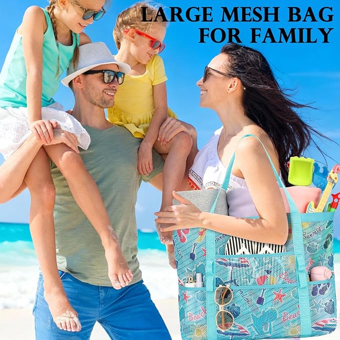 Mesh Beach Bag, Large Beach Tote with Zipper Pocket for Family Pool Bag for Toys & Vacation Essentials