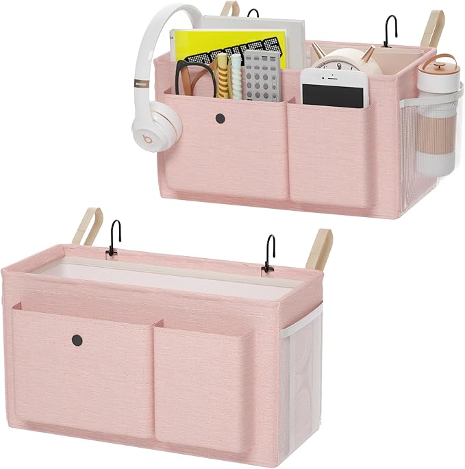 Edudif Bedside Caddy Bedside Organizer with Fixed Straps & Water Bottle Holder, Bunk Bed Caddy ideal for Home, Dorm, Hospital, Crib, Versatile Bedside Storage Solution (Pink 2pcs)