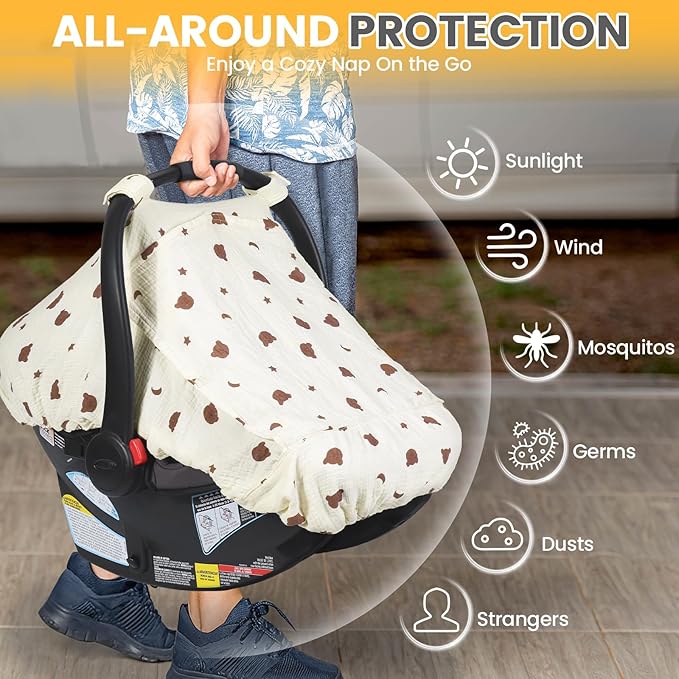 Orzbow Cotton Baby Car Seat Cover, Breathable Car Seat Canopy for Girls Boys with Mesh Window, Lightweight Baby Carrier Cover for Wind, Dust, Sun and Insects Protection, Universal Fit, Beige