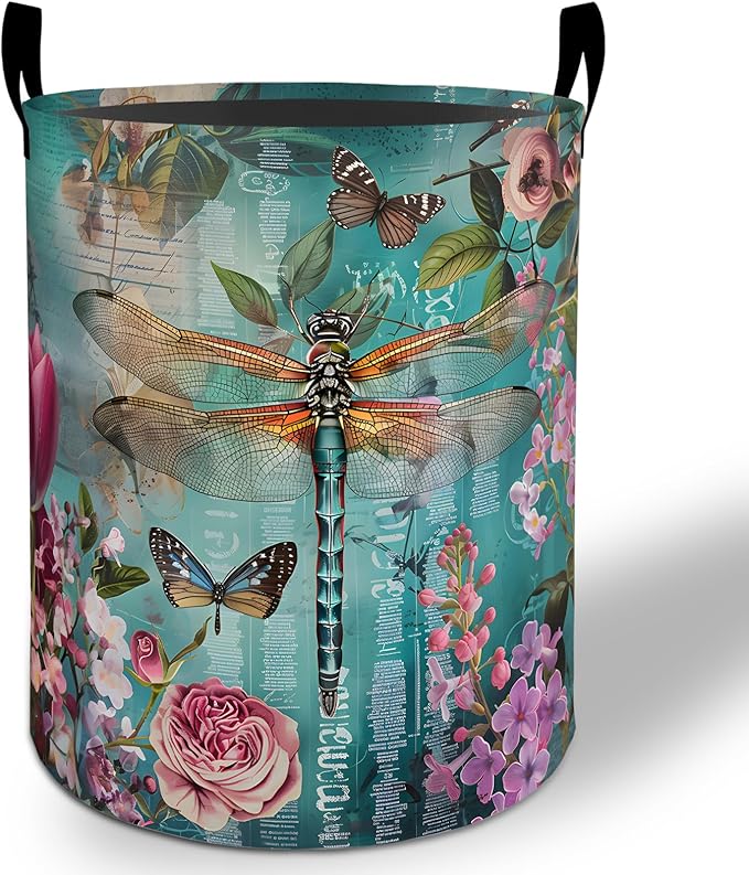Dragonfly Laundry Basket Hamper 19.7"x15.8", Vintage Floral Foldable Waterproof Oxford Clothes Storage Bucket for Room Bathroom Bedroom Nursery Decor, Toy Organizer Bins Gifts for Kids Boys Girls