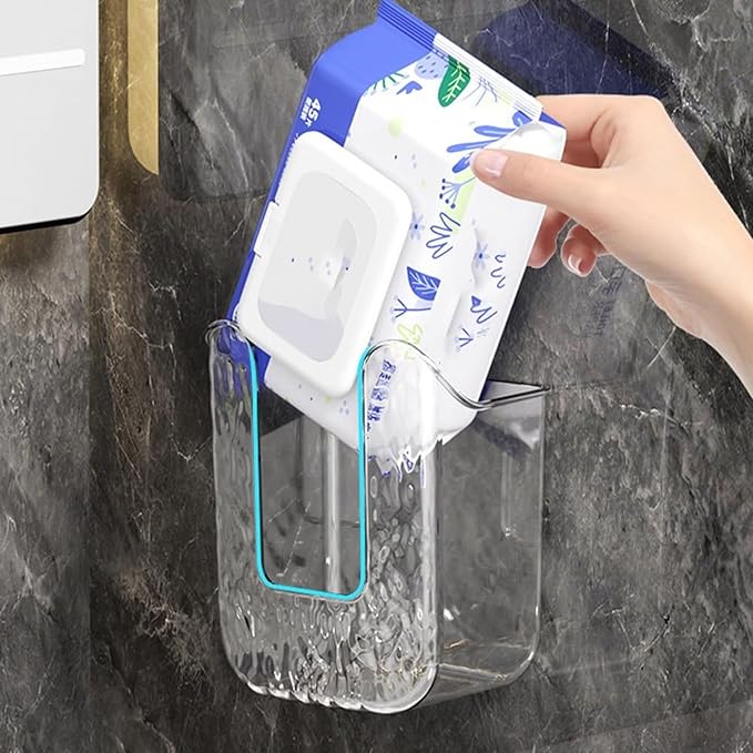 Kitchen Wipes Storage Box, 2024 New Non-Slip Flushable Wipes Holder for Bathroom Toilet, Wall-Mounted Clear Wet Tissue Dispenser Container Box No Punching Refillable Keeps Baby Wipes Fresh Case