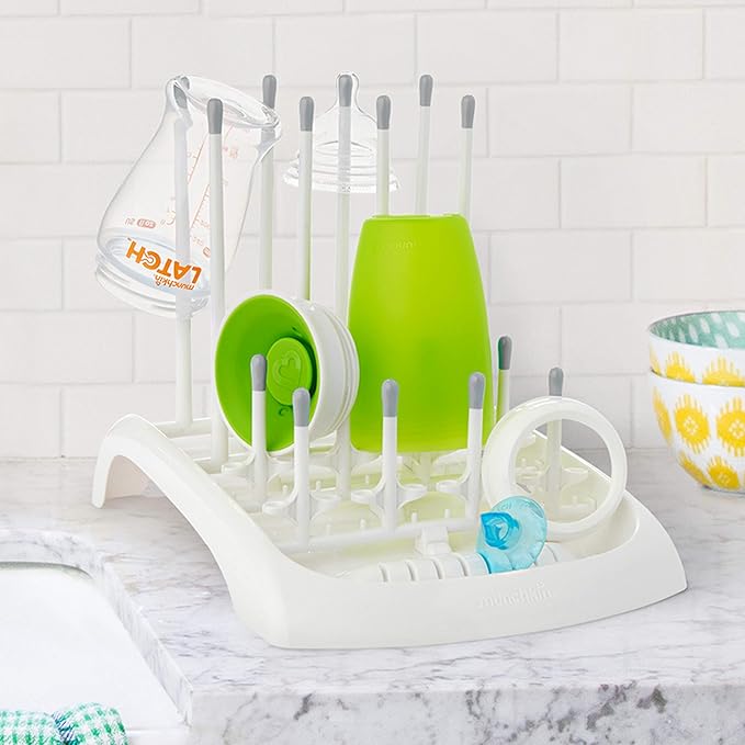 Munchkin Fold Baby Bottle Drying Rack and Bristle Bottle Brush Cleaning Essentials Set, White/Grey