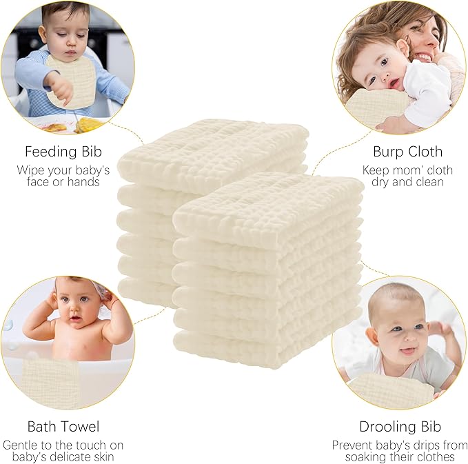 Lovely Care 12 Pack Muslin Burp Cloths 100% Cotton Muslin Cloths Large 20''x10'' Extra Soft and Absorbent Baby Burping Cloth - Ivory