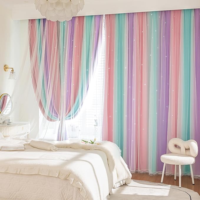XiDi Girls Blackout Curtains 120 Inches Long for Bedroom, Room Darkening Grommet Window Ombre Curtains 2 Panels, Kids Unicorn Princess Theme Decor Colorful Rainbow Design Pink Purple Green 52Wx120L