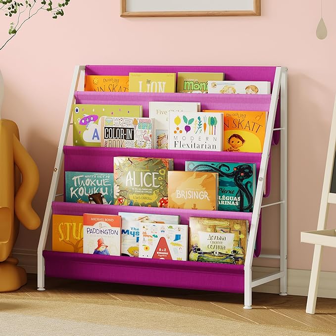 Kids Bookshelf for Kids Rooms, 4-Tier Montessori Bookshelf,Nursery Book Shelves,Pink Toddler Bookshelf, Metal Kid's Book Storage Organizer for Girls Room Furniture Playroom Kindergarten