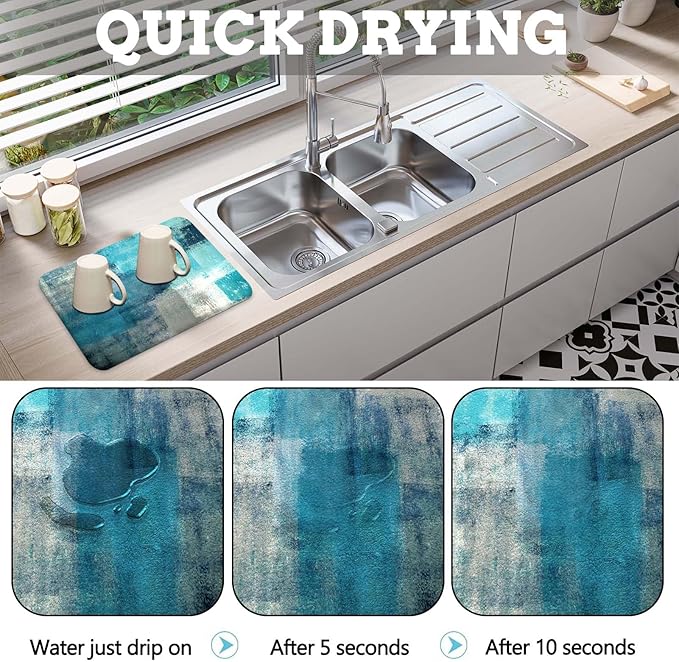 MCALK Turquoise Dish Drying Mat for Kitchen Counter, Teal Dish Drying Pad with Anti-Slip Rubber Base, Absorbent Kitchen Sink Mat with Abstract Art Decor (1 pc 18" x 16")