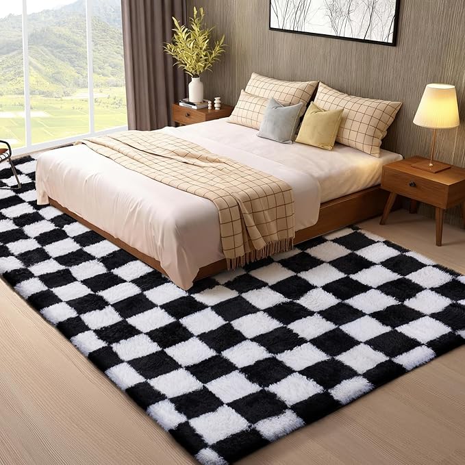 Ophanie Area Rugs for Bedroom Living Room,Color Checkered Black & White,Size 8' x 10',Shape Rectangular