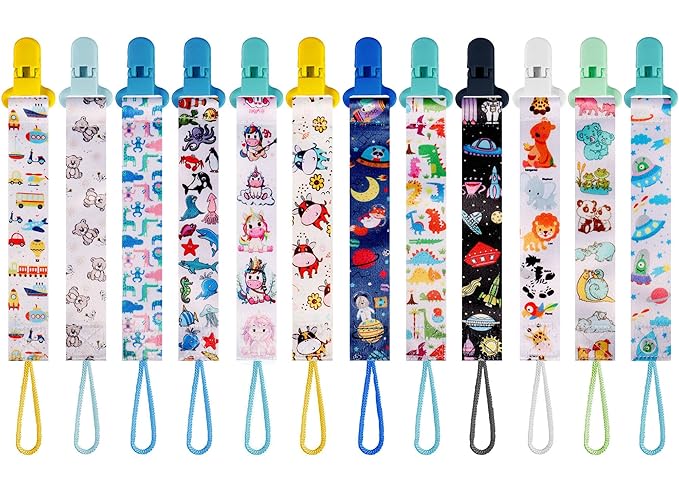 12 Pack Pacifier Clips with Adjustable Strap (32-46.5cm)/Short Strap(25.5cm) - Premium Polyester Baby Pacifier Holder Set, Multi-Design Clips for Boys Girls (Multicolor H 26cm)