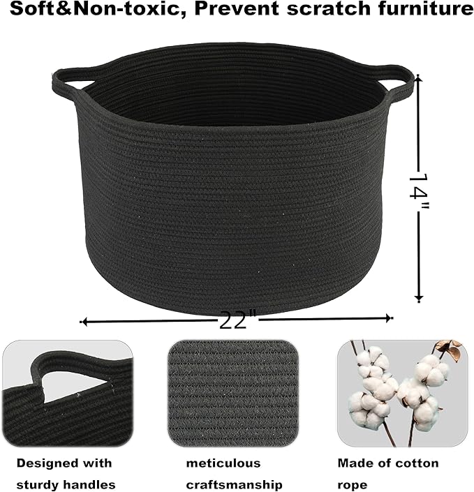 XUANGUO Large Cotton Rope Basket Blankets Basket Living Room 22"x14" Toy Baskets for Kids and Dogs Rope Storage Baskets for Nursery Woven Laundry Baskets for Clothes Towels round black