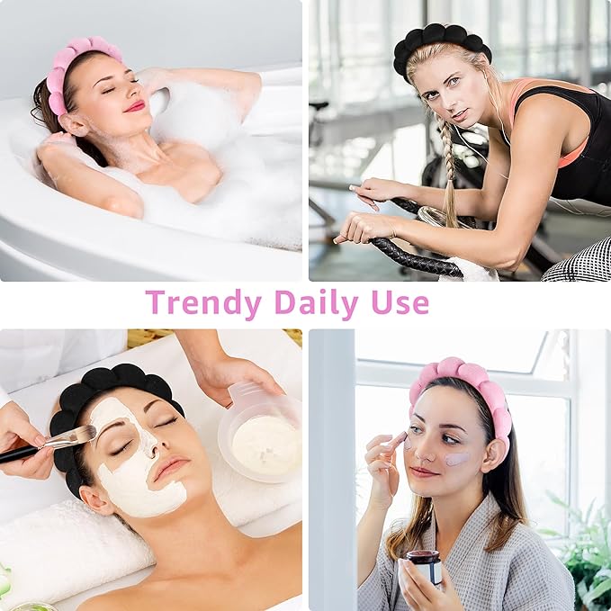 Spa Headbands for Washing Face or Facial, Set of 2 Skincare Headbands, Terry Cloth Headband Wash Combo Pack - Puffy Makeup Washing, Mask, Skin Treatment (Black & Pink)
