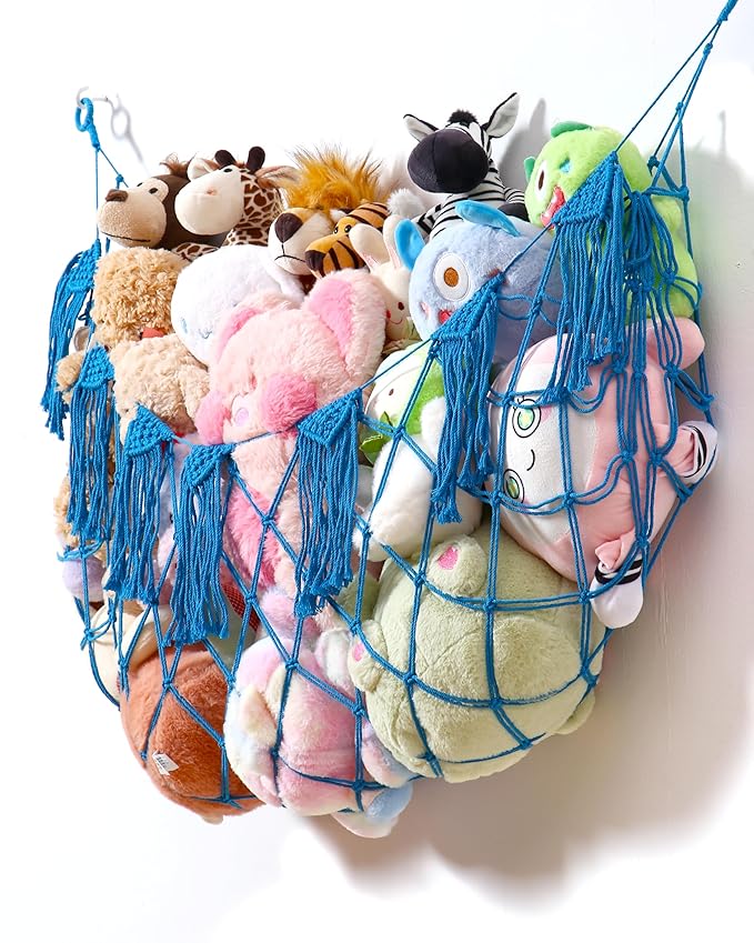 Boho Macrame Stuffed Animal Hammock with LED Lights, Wall Corner Hanging Plushie Net, Large Toy Organizer for Kids Bedroom Nursery Playroom & Dorm (Blue XL)