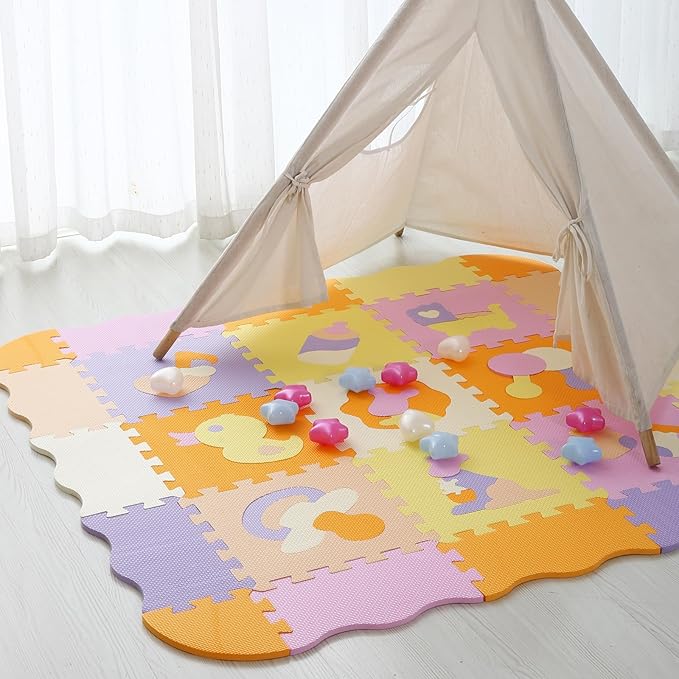 Tamiplay Foam Play Mat for Kids，25Pcs Square Interlocking Puzzle Floor Mat，Baby Play Mat Floor Mat Foam Puzzle Playmat for Toddlers with Fence（Comprehensive-CSH013