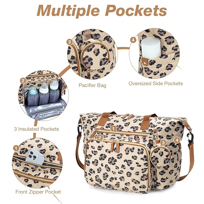 Tonyeee Diaper Bag Tote, Large Baby Diaper Bags for Travel, Hospital Bag for Labor Delivery with Pacifier Case, Changing Pad, Shoulder Strap, Leopard Print