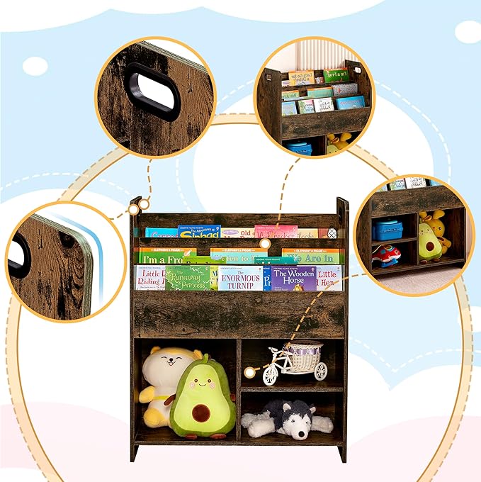 VECELO Kids Bookshelf with Toy Storage - Wooden Nursery Organizer for Books & Toys, Easy Assembly Playroom Shelf (Brown)
