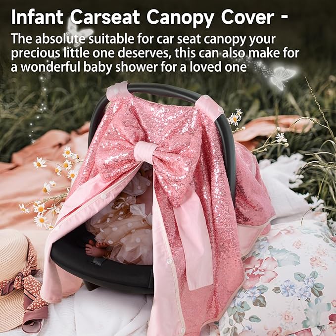 Baby Carseat Canopy Cover with Bow for Girls Boys with Bow Stroller and Cart Cover Carseat Nursing Cover Newborn Gift (Pink)